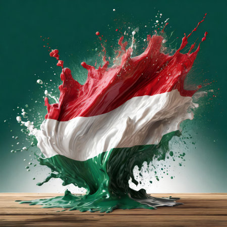 Hungary flag paint liquid explosion on isolated background, generated by AI. High quality photoの素材