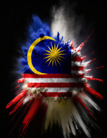Malaysia flag paint powder explosion on isolated background, generated by AI. High quality photoの素材