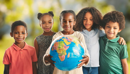 International day of peace concept with African Children holding earth globe, generated by AI. High quality photoの素材