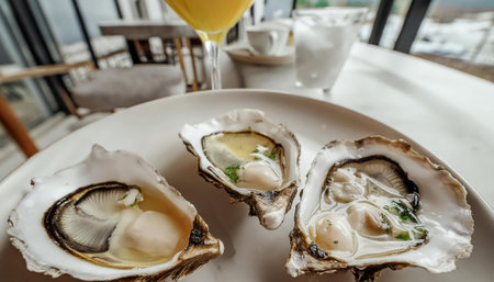 A dish of fresh oysters, a popular seafood delicacy, displayed on a table with a view of the window. This bivalve ingredient is a staple in many cuisinesの素材