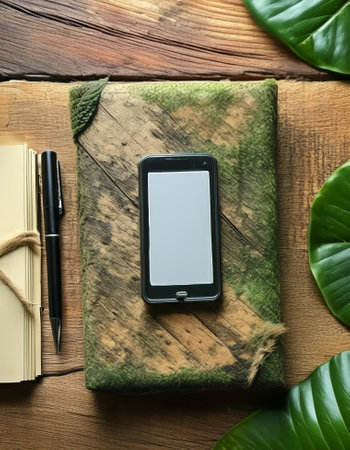 A houseplant rests on a wooden table, alongside a notebook. A rectangleshaped cell phone, a communication device, sits on top of the notebookの素材