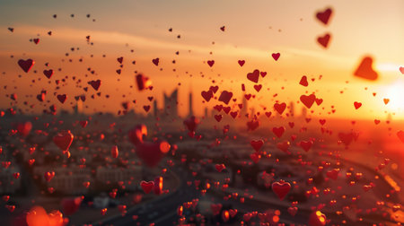 Heart shaped balloons float in the sky over the city at sunset, creating a beautiful and happy atmosphere. The colorful petals stand out against the dusky landscapeの素材