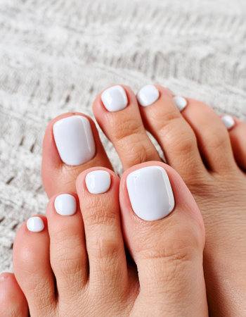 The image depicts a closeup shot of a woman's feet showing her white toenailsの素材