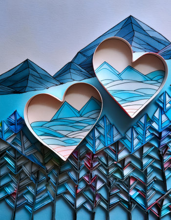 In the painting, a landscape is featured with two hearts cut out of paper, showing a unique artistic creation and symbolizing love and connectionの素材