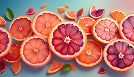 A colorful assortment of grapefruit slices with green leaves arranged on a vibrant blue backgroundの素材