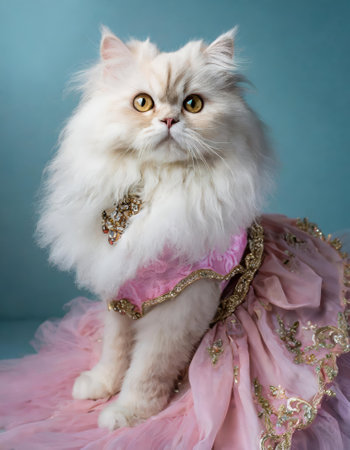 A white cat is stylishly dressed in a pink dress and matching scarf with a touch of magenta, making it look charming and adorableの素材