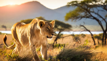 lion female in the grasslands of the game reserve in Southern Africa, generated by AI. High quality photoの素材