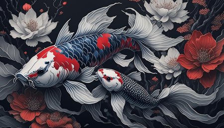 Japanese style blue and red koi fish in black and white, generated by AI. High quality photoの素材