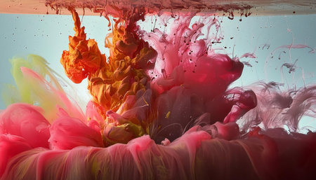 On a white surface, there is a striking splash of red and pink paint, resembling a creative piece of art or a vibrant petal from a peachcolored plantの素材