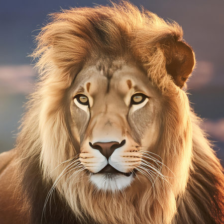 A close up of a lions face staring directly into the camera, showcasing its features like whiskers, snout, and majestic appearance in the grassy savannaの素材