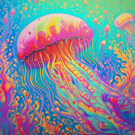 Delve into a mesmerizing underwater realm filled with vibrant jellyfish art, creating an enchanting and colorful sceneの素材