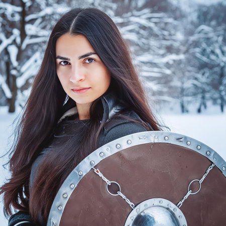 A brave female warrior stands in a snowy forest with a sword and shield, prepared for battle in an intense war sceneの素材