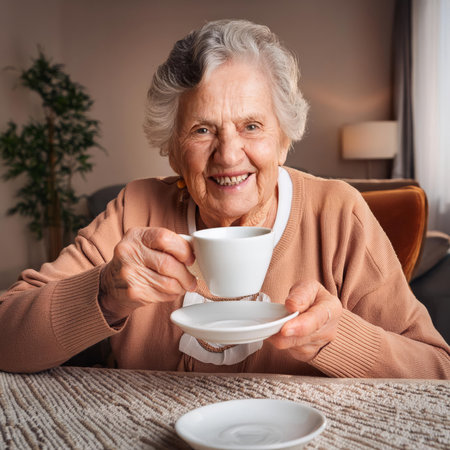 Smiling elderly woman holding coffee cup, wearing cozy sweater, indoors, daylight, green plant backgroundの素材