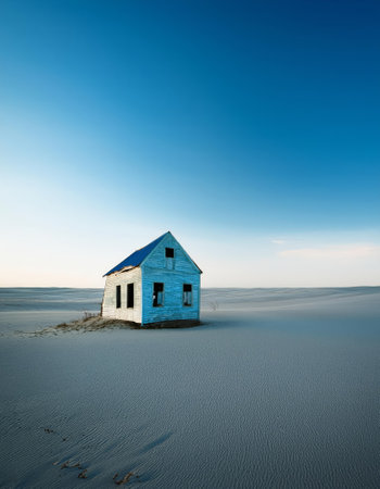 A charming small house painted in blue and white is sitting serenely in the middle of a vast, open field, surrounded by natureの素材