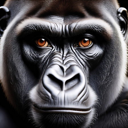 Here we have a fascinating close up of a gorilla with striking orange eyes that capture the viewers attention and curiosityの素材