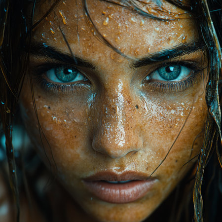 This image features a closeup of a woman's face, showing her wet hair, striking blue eyes, and delicate features very prominentlyの素材