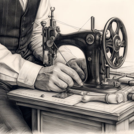 A man is quietly sitting at a table, focused and using an oldfashioned sewing machine to work on his creative projectの素材