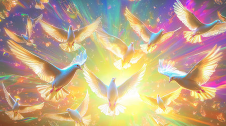 A beautiful painting depicting a lively flock of birds gracefully flying across the vast open sky, capturing a sense of harmony and freedomの素材