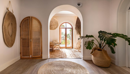 A cozy and inviting living room adorned with elegant arched doors, decorated wicker baskets, and a beautiful rug covering the floorの素材