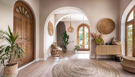 A cozy and inviting living room adorned with elegant arched doors, decorated wicker baskets, and a beautiful rug covering the floorの素材