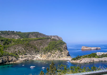 panorama of a cove with boats on the island of Ibiza. High quality photoの写真素材