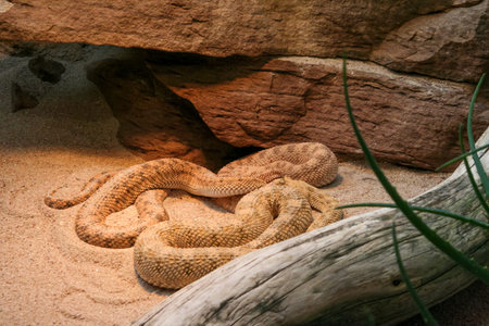 A small snake is peacefully laying on a large rock, soaking up the suns warmth in its natural...