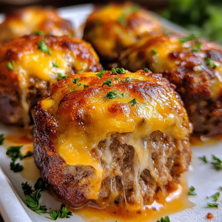 A close up view of a delicious plate filled with mouthwatering stuffed meatballs that are generously oozing with melted cheeseの素材