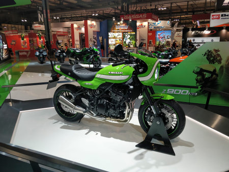 Milan, Italy: 11 05 2024 Eicma International cycle and motorcycle show Kawasaki Z900 Rs Green. High...