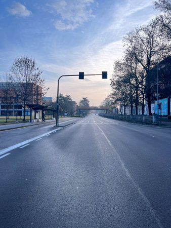 An empty street featuring a traffic light positioned right in the center of it, creating a vivid scene of tranquility and anticipationの写真素材