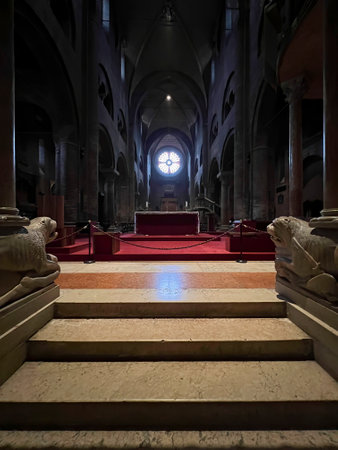 A captivating shot of the San Petronio Basilica interior, showcasing its stunning Gothic architecture and rich artistic heritage.の写真素材