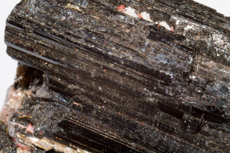 Close-up shot of raw black tourmaline crystals, showcasing their texture and natural formations against a white background.の写真素材