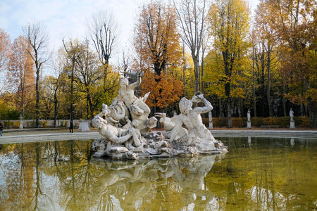 A view of the Fountain of the Nereids and Tritons in Turin, Italy, with its characteristic statues and water features.の写真素材