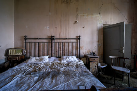 This is an oldfashioned bedroom that features a cozy bed, a comfortable chair, and a vintage radioの写真素材