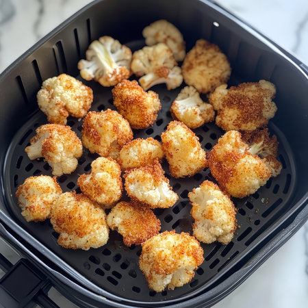 Currently, cauliflower is being expertly cooked in an air fryer, resulting in a delicious and healthy dish for everyone to enjoyの素材