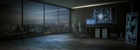 A modern living room with a cozy fireplace, comfortable sofas, and large windows overlooking a peaceful winter landscape.の素材