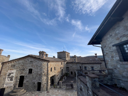 A picturesque stone village nestled in the hills of Reggio Emilia, Italy, showcasing timeless architecture and serene beauty.の写真素材