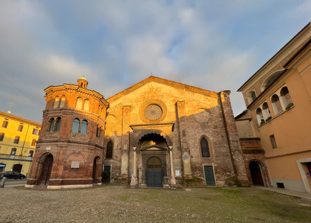 A captivating shot of the Parma Baptistery, showcasing its unique octagonal structure and intricate details.の写真素材