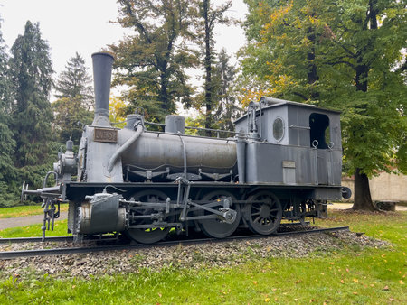 A vintage steam locomotive displayed on railway tracks, surrounded by lush green trees, showcasing a...
