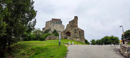 A view of the Sacra di San Michele, a religious complex in Piedmont, Italy.の写真素材