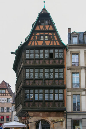 A view of a half-timbered house in Strasbourg, France.の写真素材