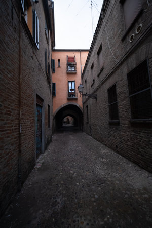 A view of a street in Ferrara, Italy.の写真素材