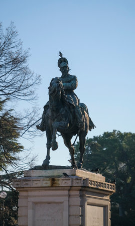 Equestrian statue of Victor Emmanuel II on a pedestal, shot from a low angle. A small bird sits on the riders head. Trees and a clear blue sky serve as the backdrop. High quality photoの写真素材