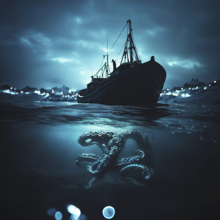 A dramatic, digitally manipulated image shows a large octopus lurking underwater beneath a silhouetted fishing trawler at night. City lights glow faintly on the distant shore under a dark, cloudy sky. High quality photoの素材