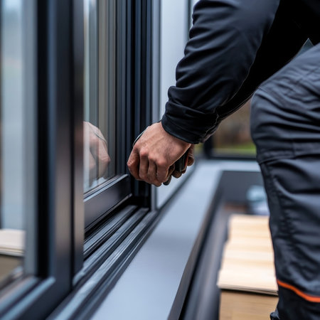 Close-up of worker's hands applying white silicone sealant to the edge of a window frame during installation or repair. High quality photoの素材
