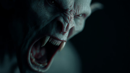 Extreme close-up of a menacing vampire's face with visible sharp fangs, pale skin, and intense eyes in dark, moody lighting. High quality photoの素材