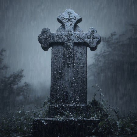 Weathered stone cross tombstone in a dark, rainy graveyard. Eerie, gothic atmosphere with blurred background. High quality photoの素材