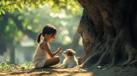 a young girl with dark hair in a ponytail, crouching down to interact with a small, light-colored puppy at the base of a large tree on a sunny day. High quality photoの素材