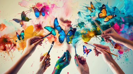 Several hands gently release a multitude of vibrant butterflies in various colors towards a bright, ethereal light. High quality photoの素材