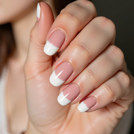 A close-up shot of a woman's hand showing a classic French manicure with nude or light pink nail beds and crisp white tips. High quality photoの素材