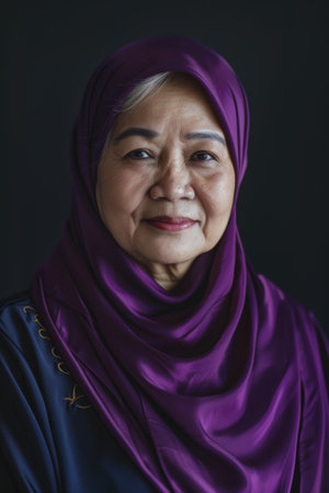 A close-up portrait of a serene elderly Asian woman wearing a rich purple hijab, looking gently towards the camera against a dark background. High quality photoの素材